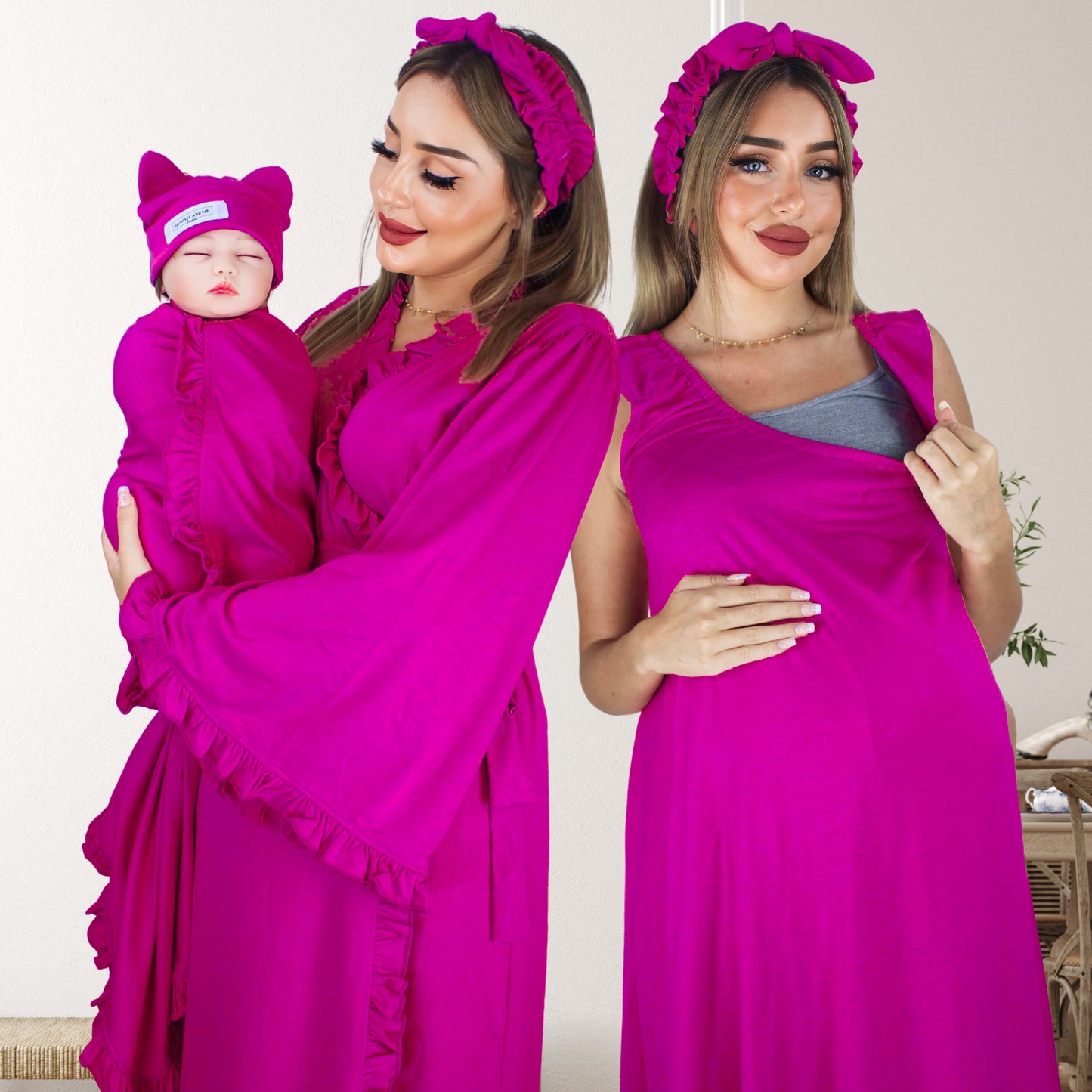 MAGENTA PINK SIGNATURE RUFFLED ROBE AND LETTUCE SWADDLE SET