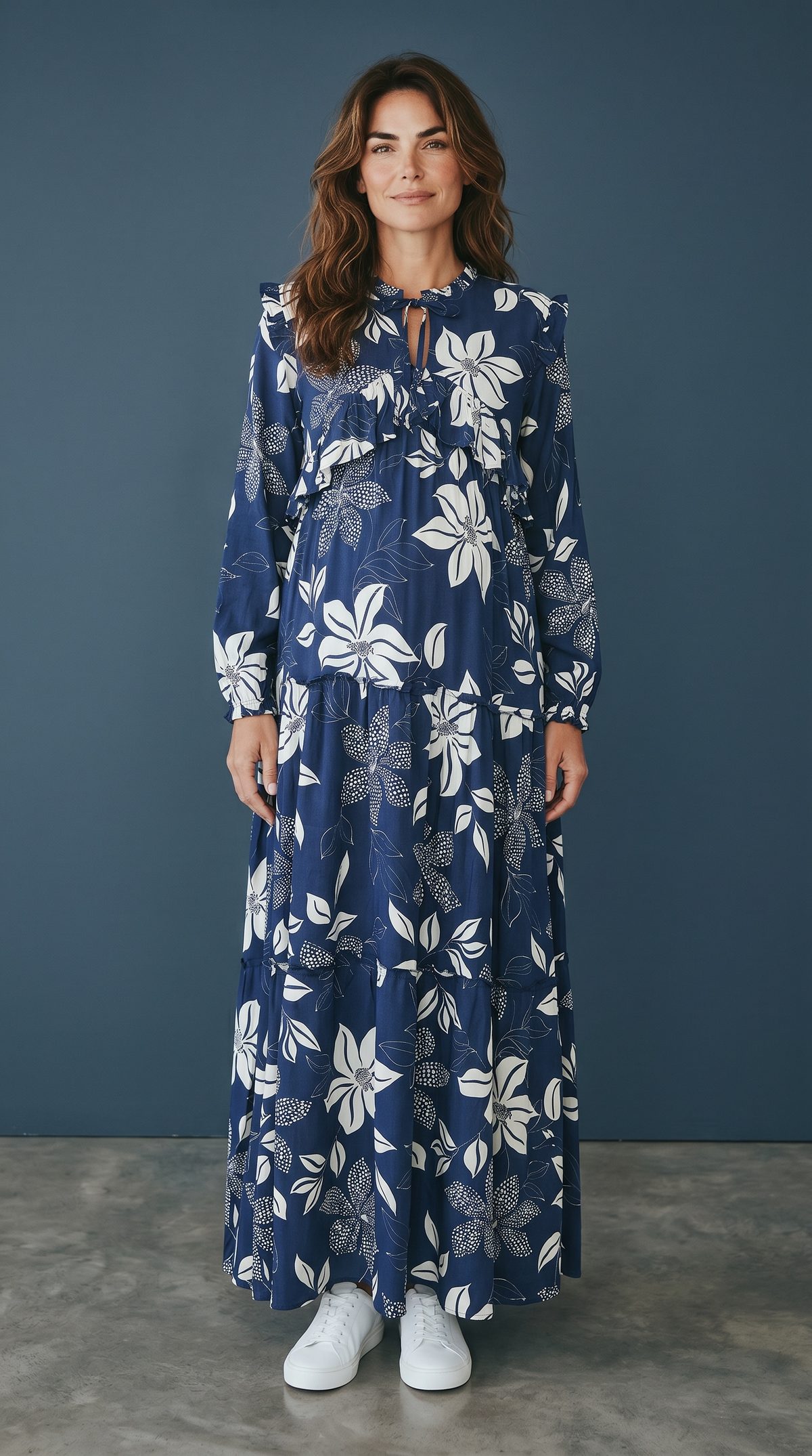 Additional view of Malika Blue Ruffle Maternity and Nursing Dress With Zipper