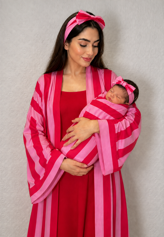 Pink and Ref Stripes Mommy and Me 5 in 1 Long Maternity Set