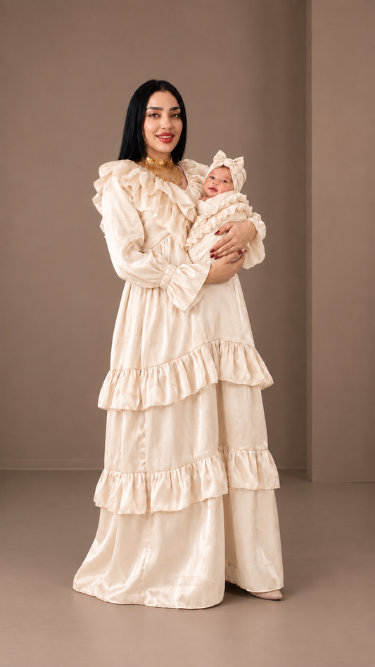 Theheb beige maternity and nursing dantela maxi