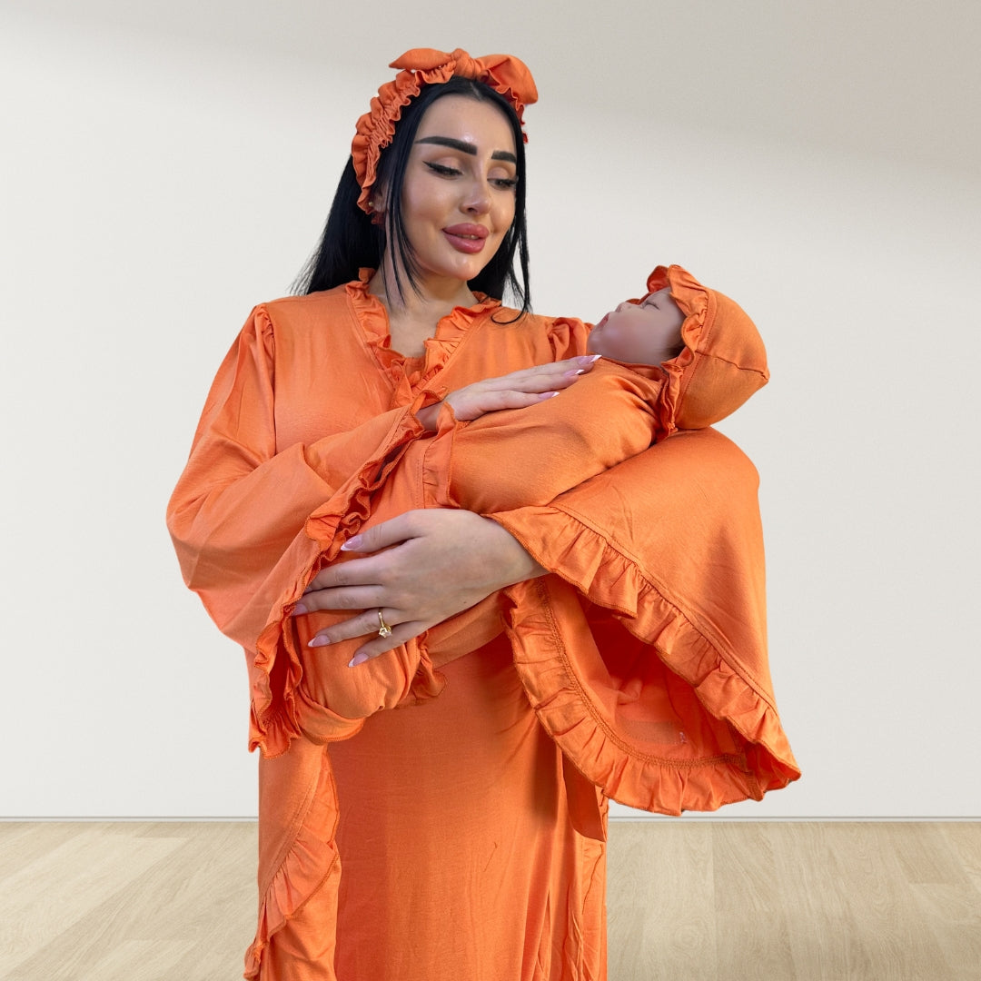 TANGERINE SIGNATURE RUFFLED ROBE AND LETTUCE SWADDLE SET