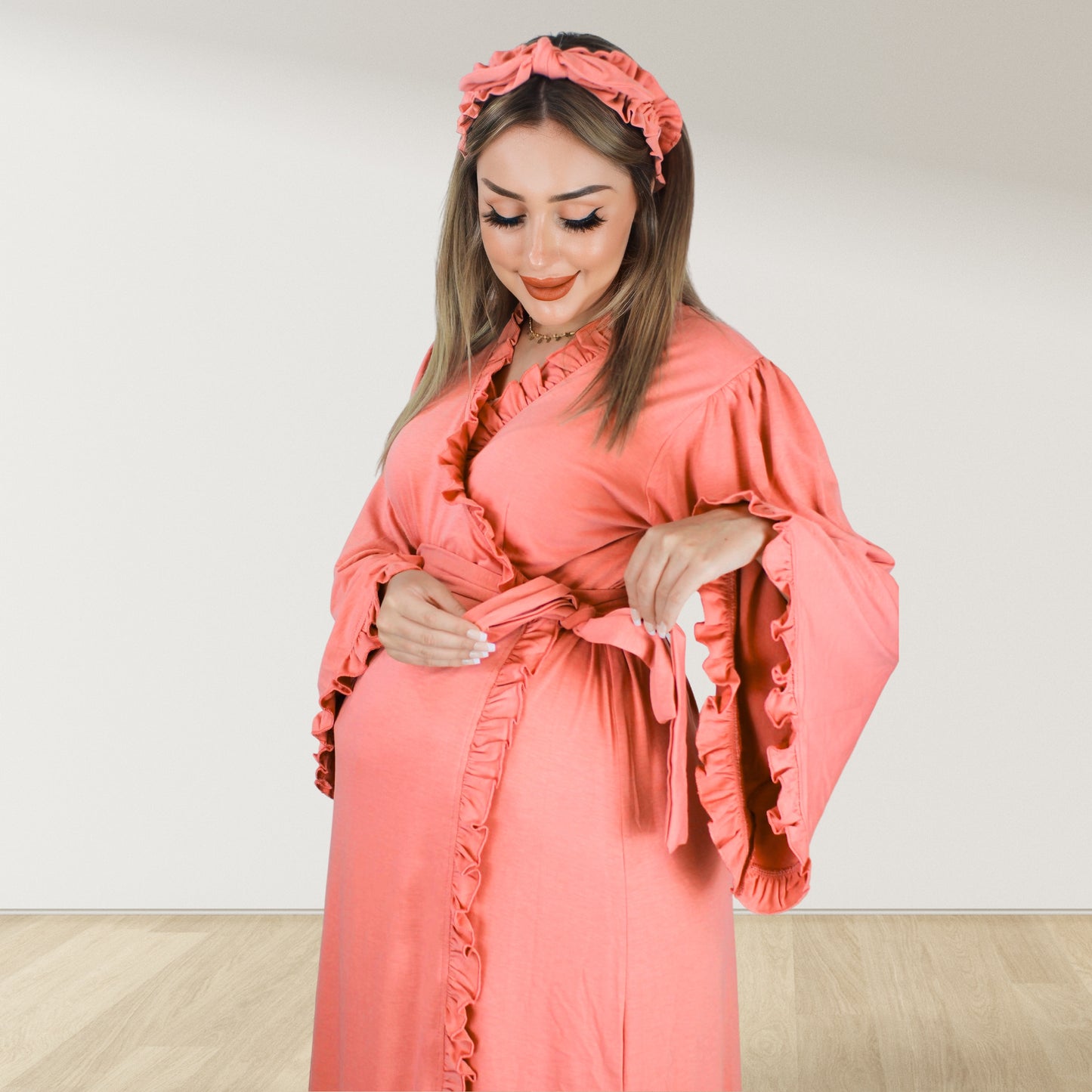 BLUSH PEACH SIGNATURE RUFFLED ROBE AND LETTUCE SWADDLE SET