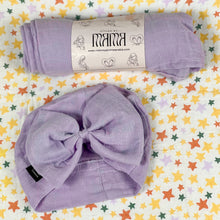 Load image into Gallery viewer, Solid baby purple muslin organic cotton swaddles styled by mommy and me arabia
