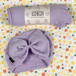 Solid baby purple muslin organic cotton swaddles styled by mommy and me arabia