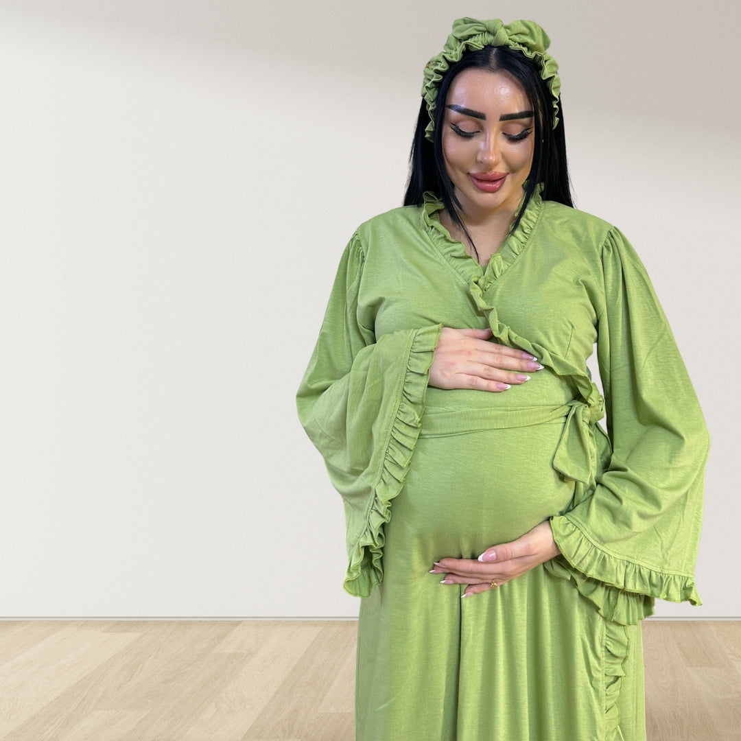 OLIVE GREEN SIGNATURE RUFFLED ROBE AND LETTUCE SWADDLE SET