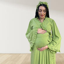 Load image into Gallery viewer, OLIVE GREEN SIGNATURE RUFFLED ROBE AND LETTUCE SWADDLE SET
