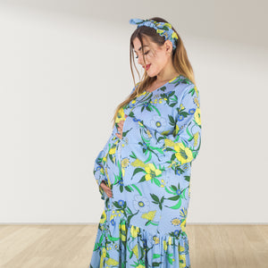 FLORAL PRINT BLUE LAYERED  RUFFLE MATERNITY AND NURSING GOWN
