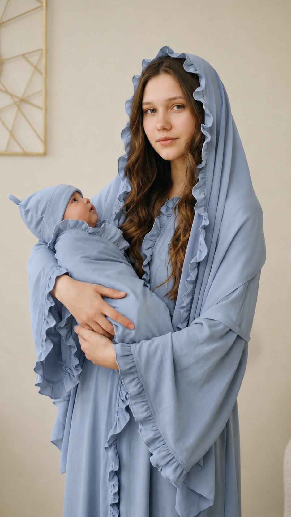 BLUE GREY SIGNATURE RUFFLED ROBE AND LETTUCE SWADDLE SET