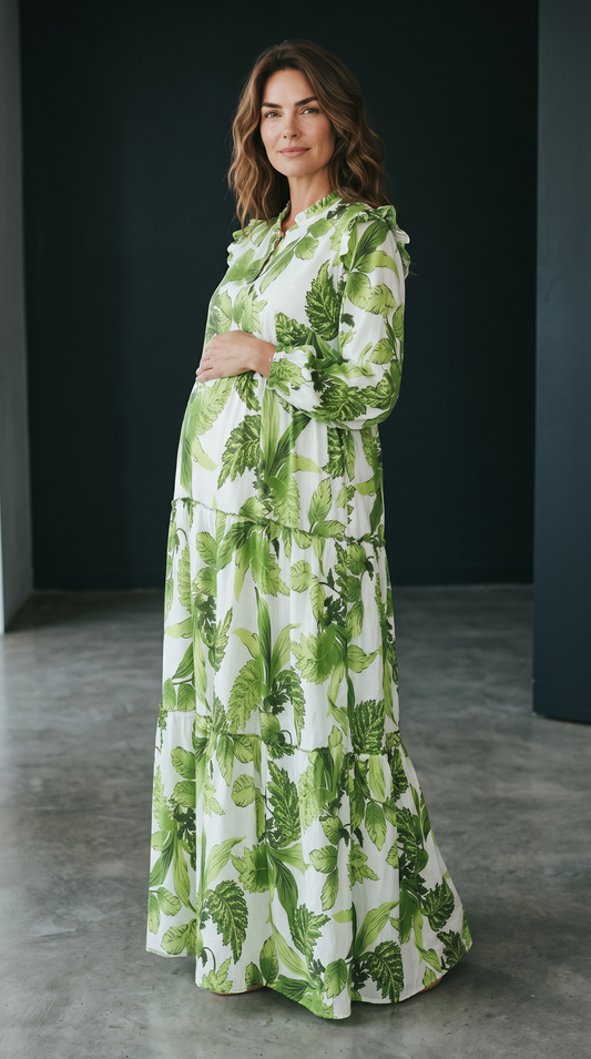 MALIKA GREEN  RUFFLE MATERNITY AND NURSING DRESS WITH ZIPPER