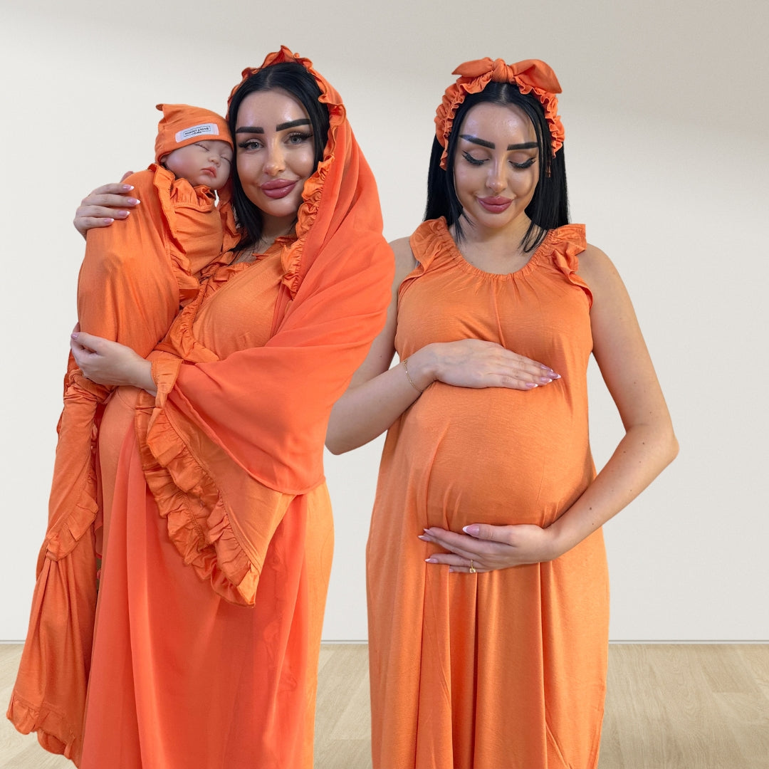 TANGERINE SIGNATURE RUFFLED ROBE AND LETTUCE SWADDLE SET