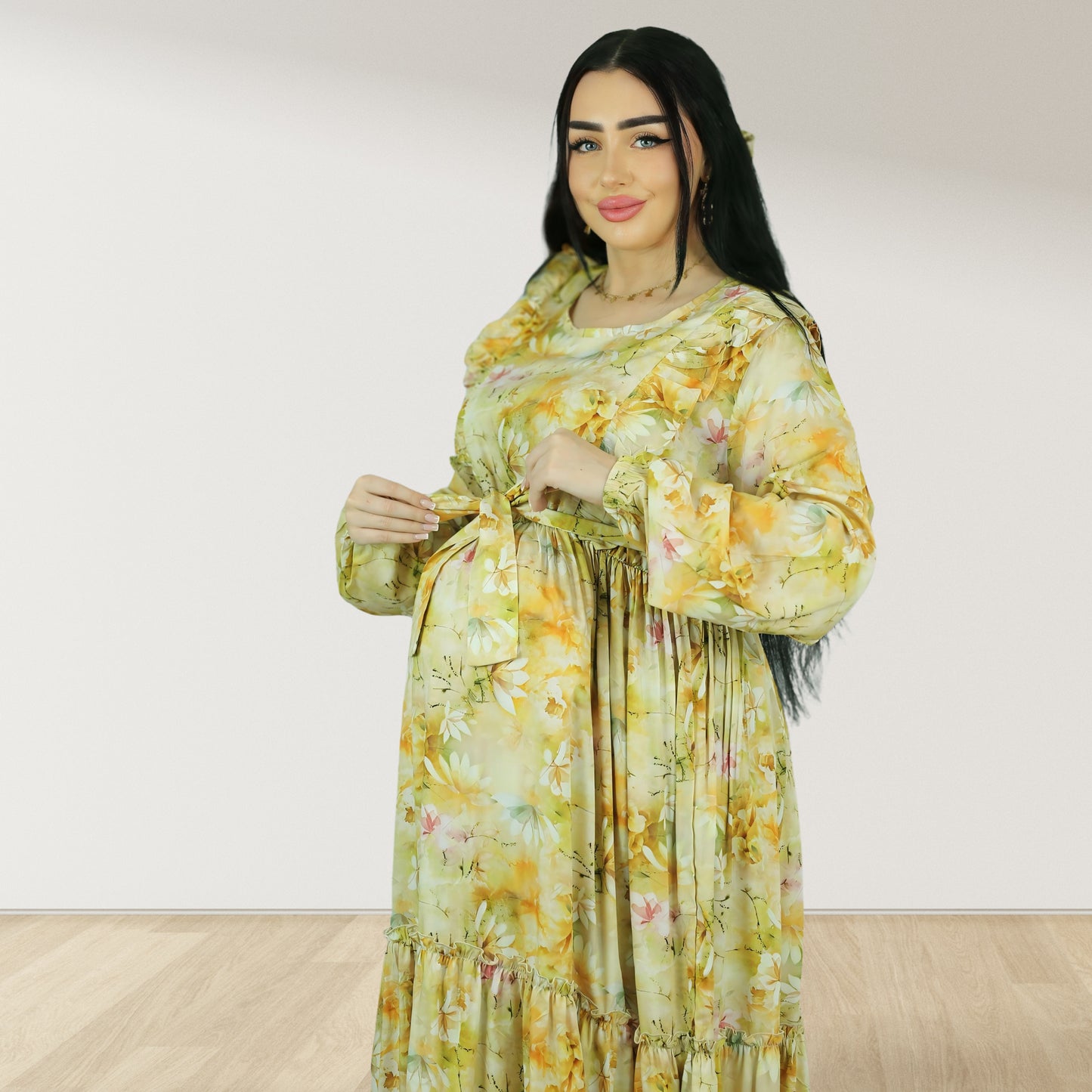 REEM YELLOW FLORAL DOUBLE ZIPPER MATERNITY AND NURSING DRESS