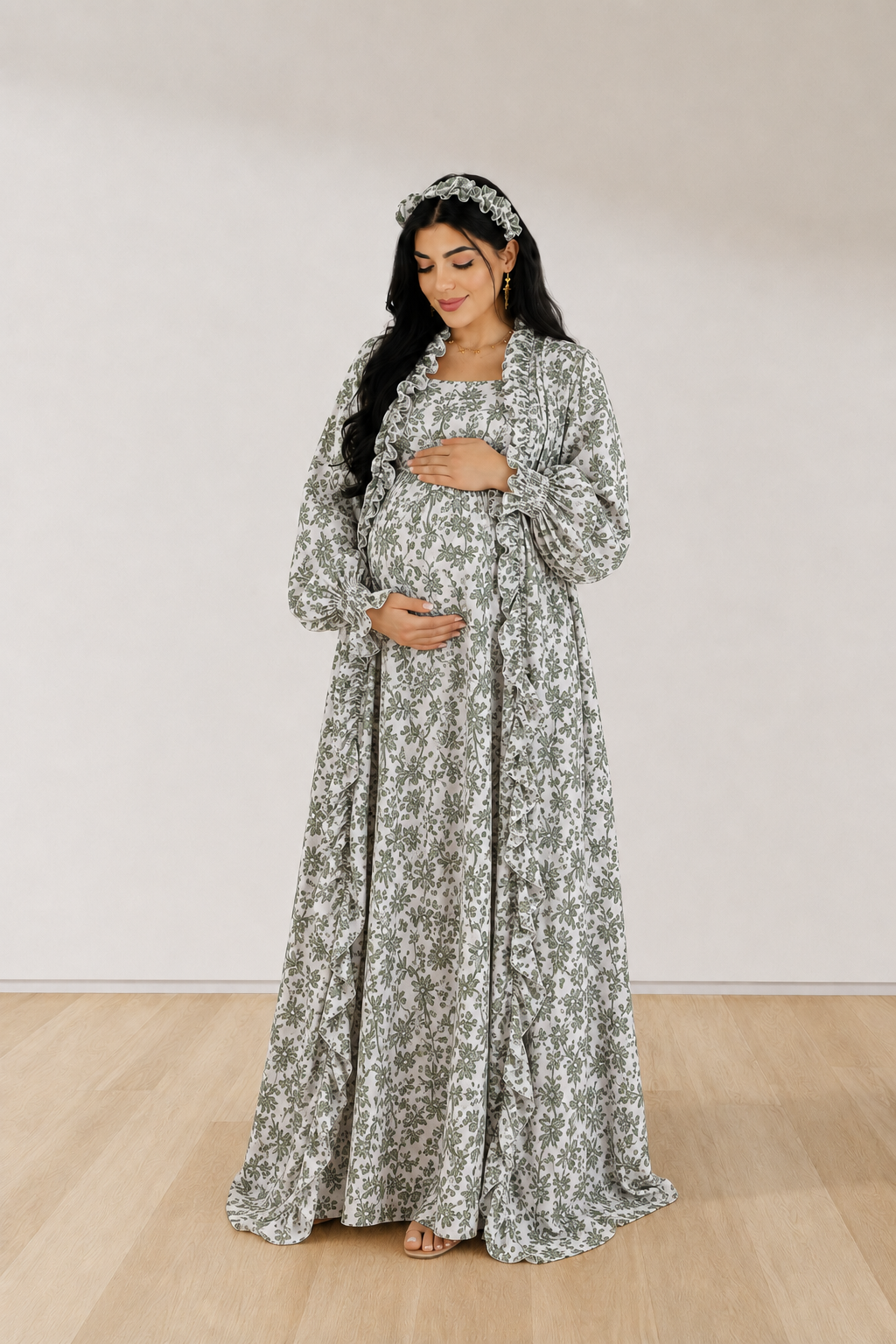 GREEN  FLORAL RUFFLE MATERNITY ROBE AND SWADDLE SET