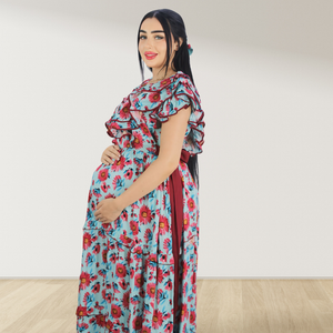 BLUE FARASHA SLEEVELESS  LAYERED MATERNITY AND NURSING GOWN