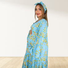 Load image into Gallery viewer, FLORAL BLUE SEASON 2  RUFFLE MATERNITY AND NURSING GOWN
