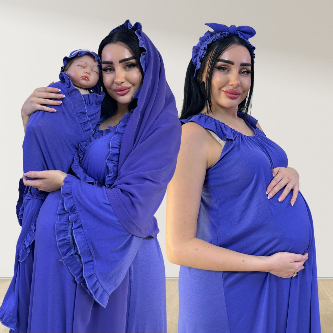 AZURE BLUE SIGNATURE RUFFLED ROBE AND LETTUCE SWADDLE SET