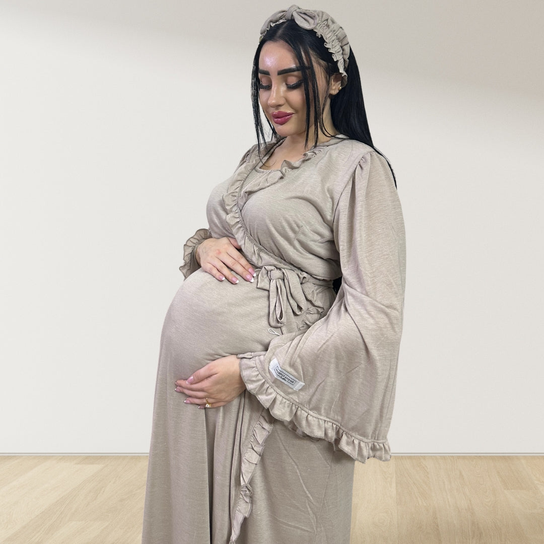MOCHA BEIGE SIGNATURE RUFFLED ROBE AND LETTUCE SWADDLE SET