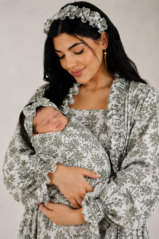 GREEN  FLORAL RUFFLE MATERNITY ROBE AND SWADDLE SET