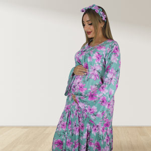MARYOOM MAGENTA PINK FLORA LAYERED  RUFFLE MATERNITY AND NURSING GOWN WITH ZIPPER