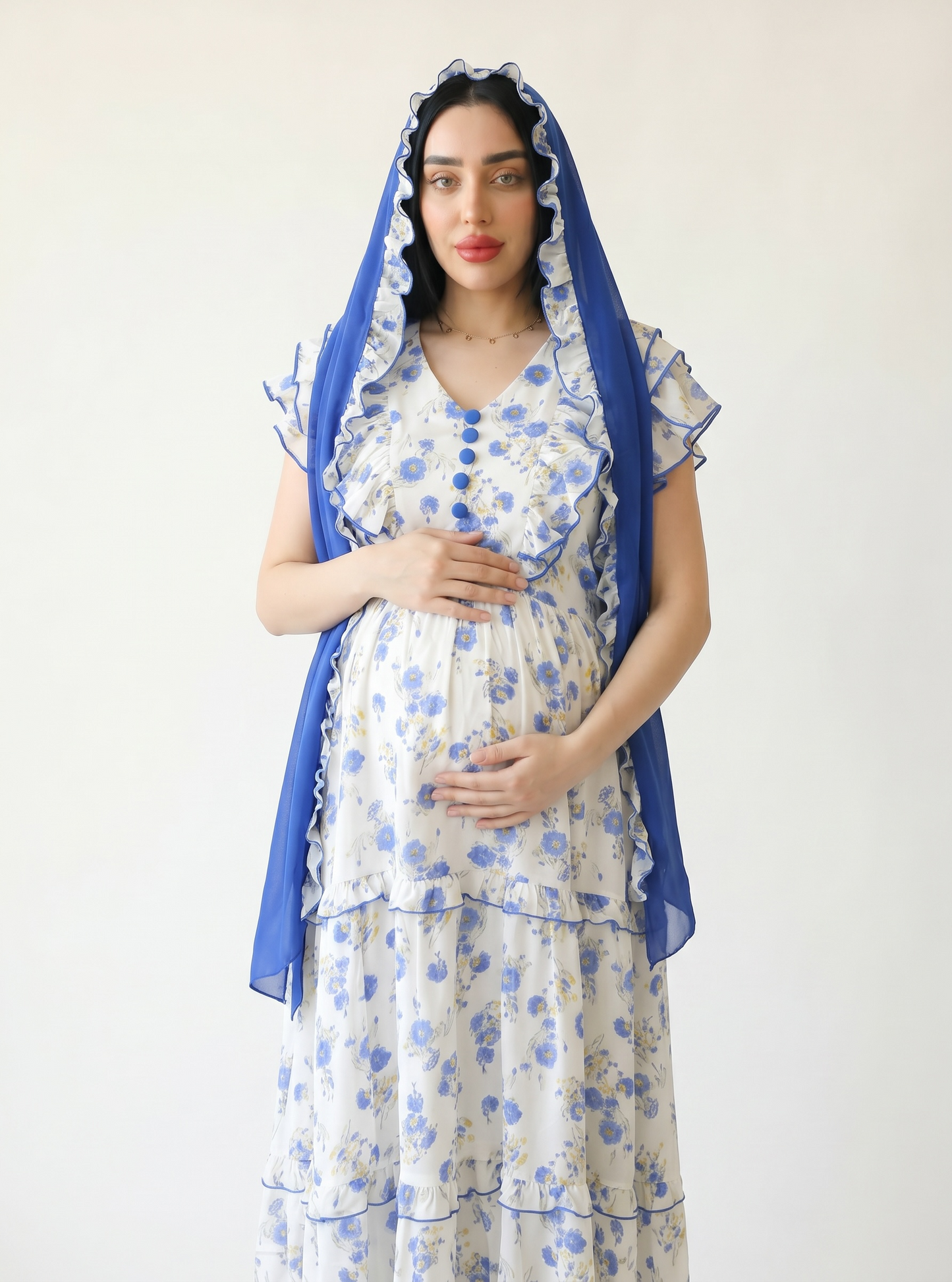 BLUE CHERRY BLOSSOM FARASHA SLEEVELESS  LAYERED MATERNITY AND NURSING GOWN