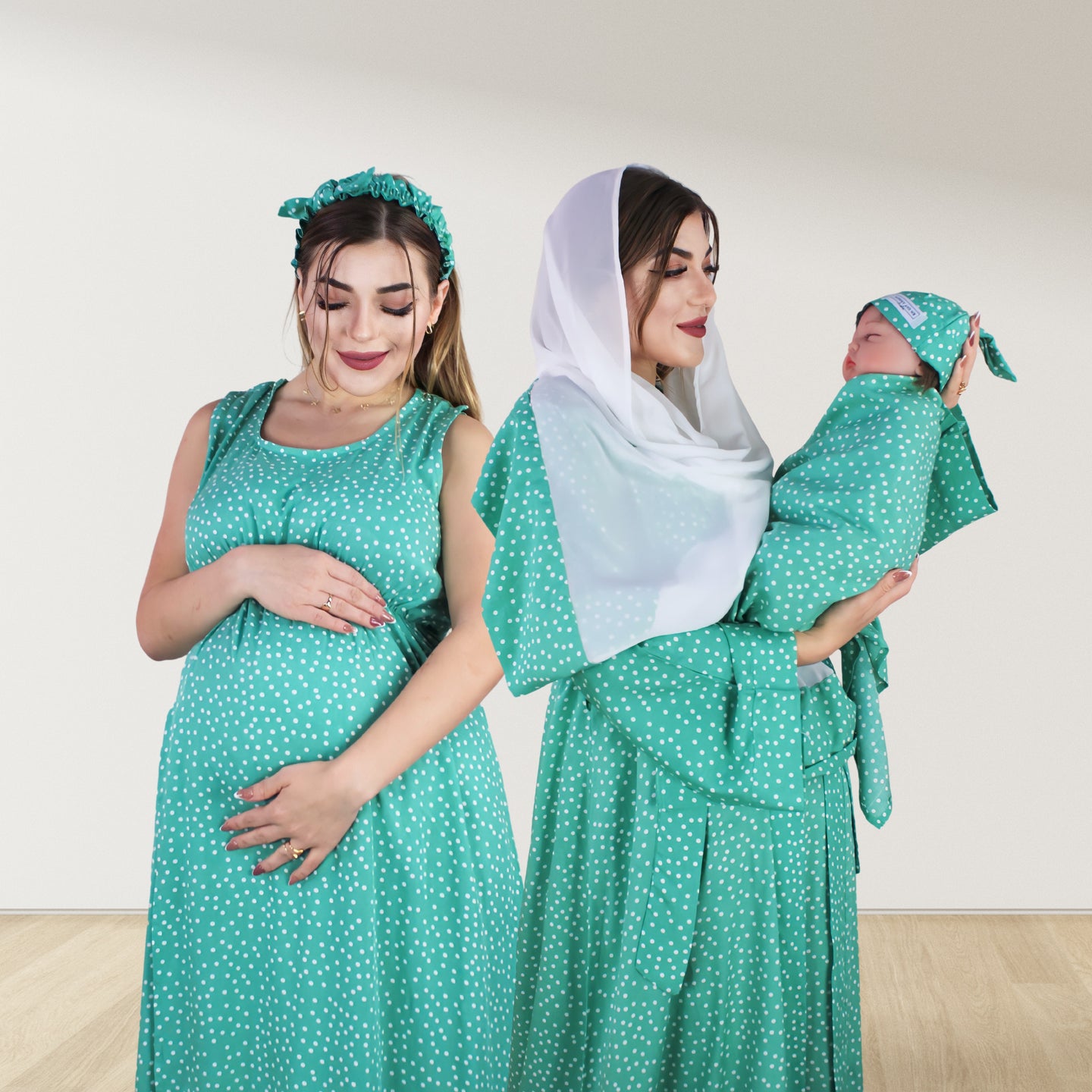 JADE GREEN DOTS MOMMY AND ME 5 IN 1 LONG MATERNITY SET