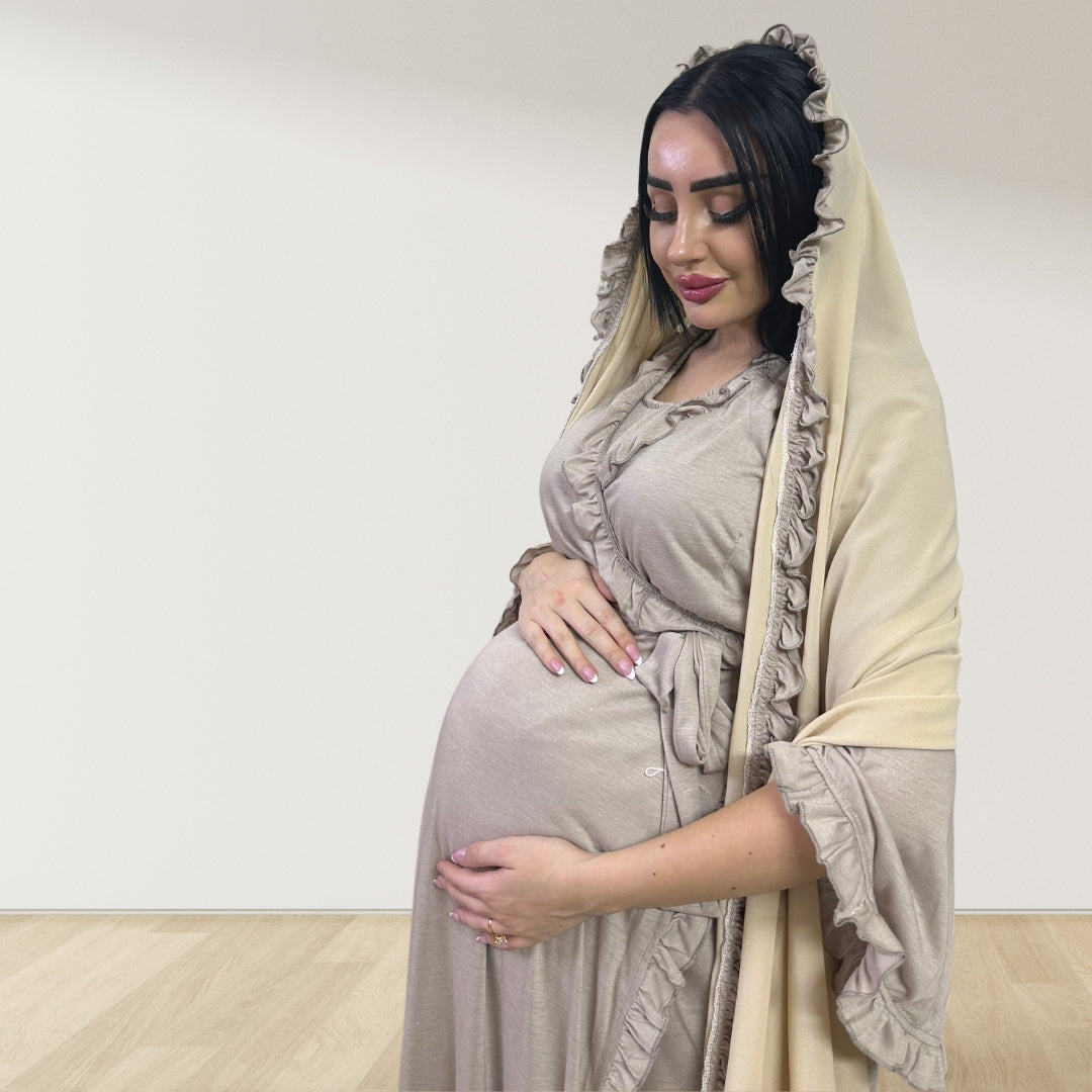 MOCHA BEIGE SIGNATURE RUFFLED ROBE AND LETTUCE SWADDLE SET