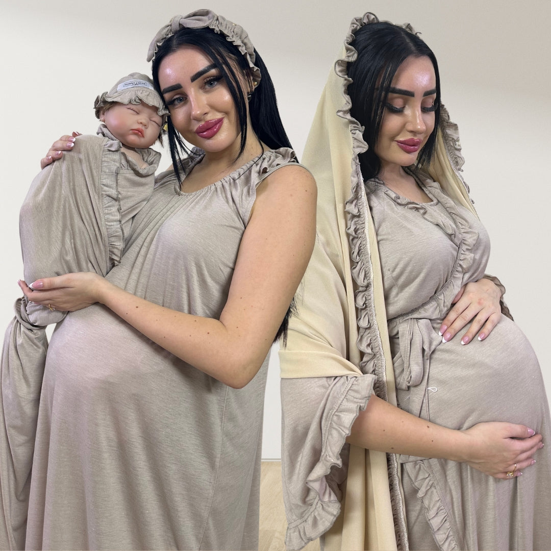 MOCHA BEIGE SIGNATURE RUFFLED ROBE AND LETTUCE SWADDLE SET