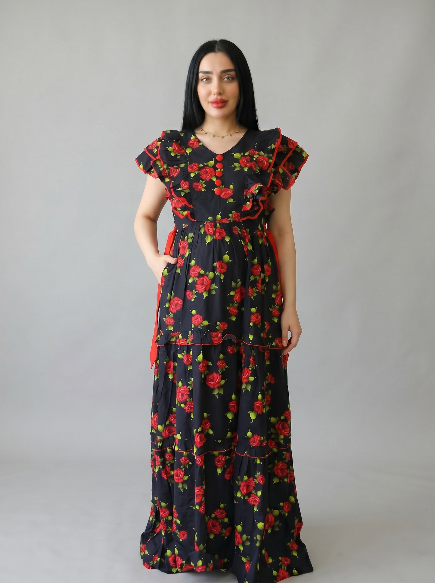 BABY ROSE BLACK  FLORAL FARASHA SLEEVELESS  LAYERED MATERNITY AND NURSING GOWN