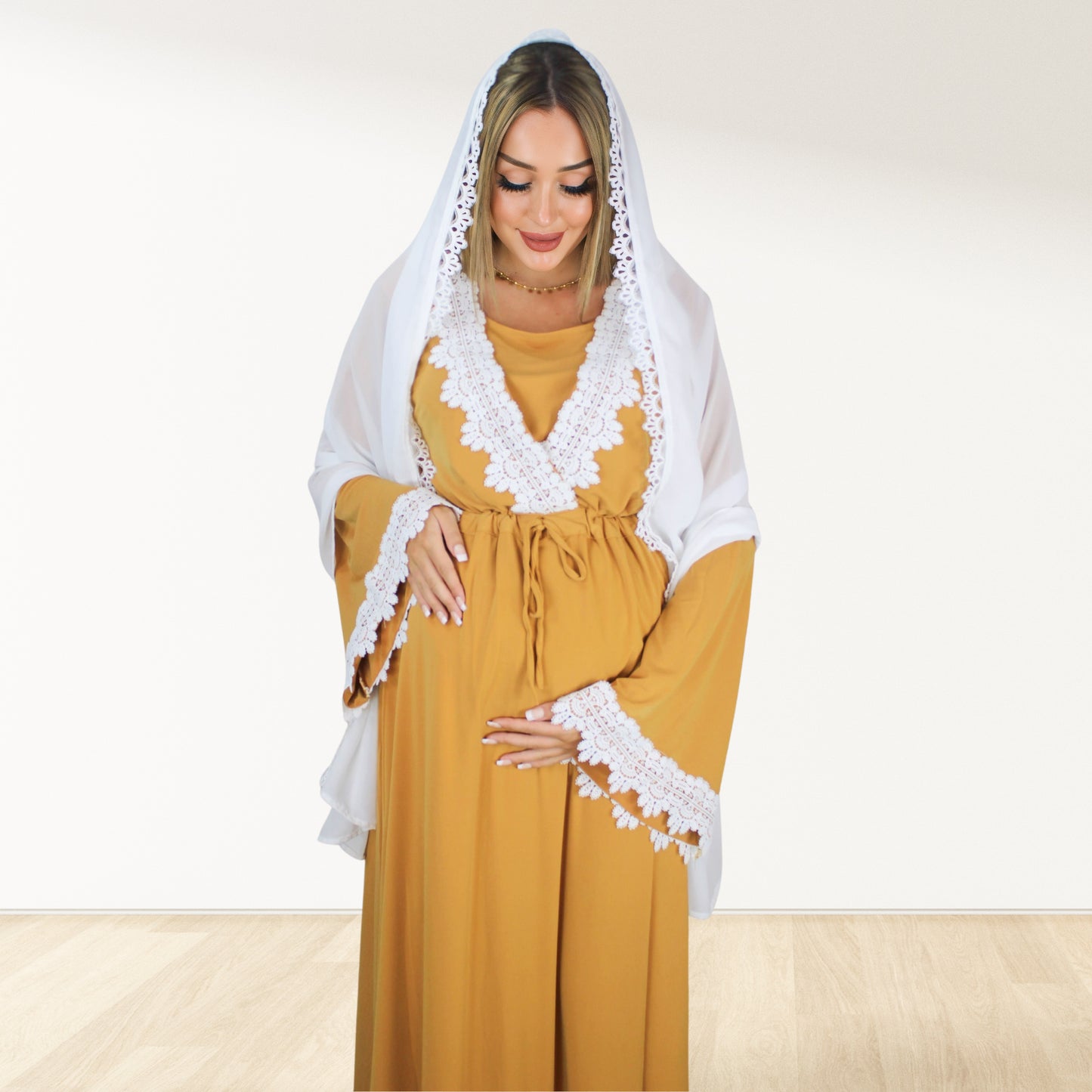 PRETTY IN MUSTARD YELLOW MATERNITY MAXI AND SWADDLE BLANKET  SET