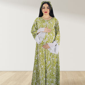 MAHRA GREEN PREMIUM COTTON TRIMMED  MATERNITY AND NURSING DRESS WITH ZIPPER