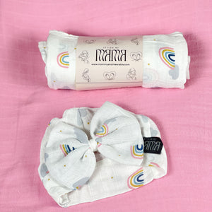 Baby rainbow printed Muslin organic cotton swaddles styled by mommy and me arabia