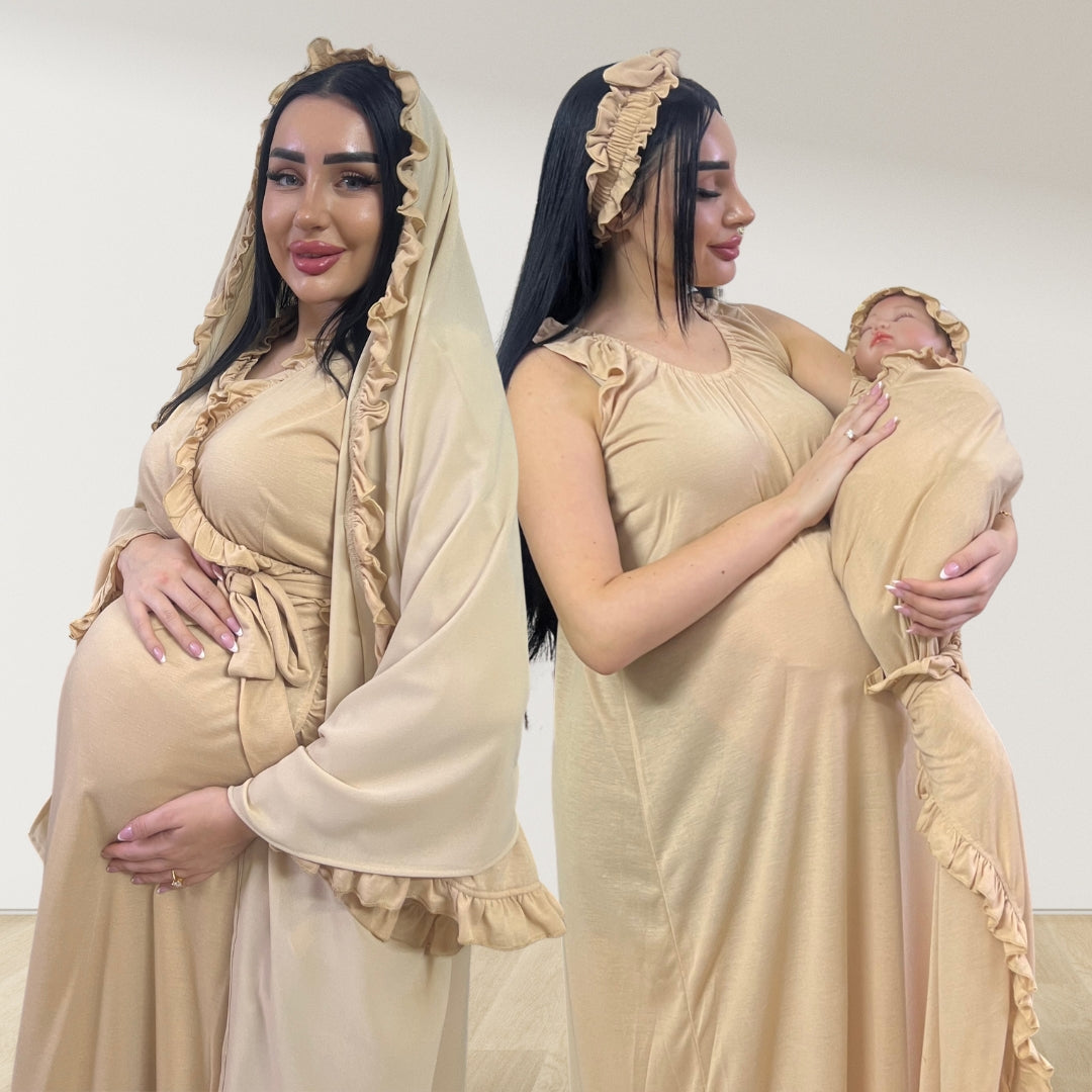 SAND BEIGE SIGNATURE RUFFLED ROBE AND LETTUCE SWADDLE SET