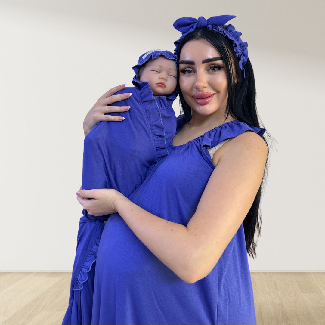 AZURE BLUE SIGNATURE RUFFLED ROBE AND LETTUCE SWADDLE SET