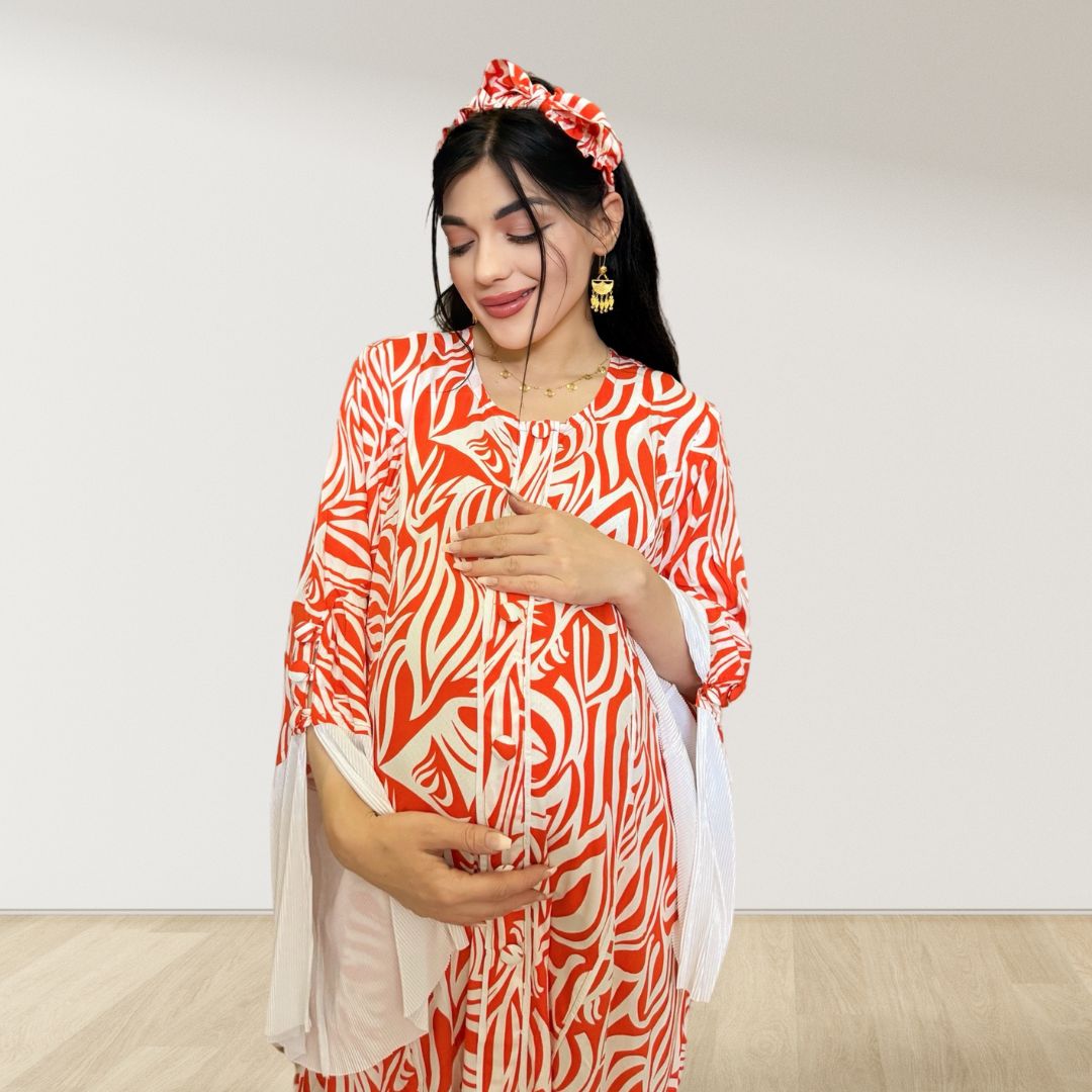 MAHRA ORANGE PREMIUM COTTON TRIMMED MATERNITY AND NURSING DRESS WITH ZIPPER