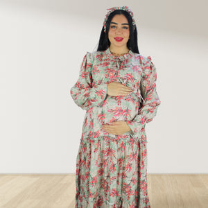 MALIKAT ALWURUD PISTA GREEN LAYERED MATERNITY AND NURSING GOWN