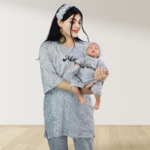 Load image into Gallery viewer, LEOPARD GREY  DROP SHOULDER PAJAMA SET WITH MATCHING BABY ROMPER - STYLED BY MAMA
