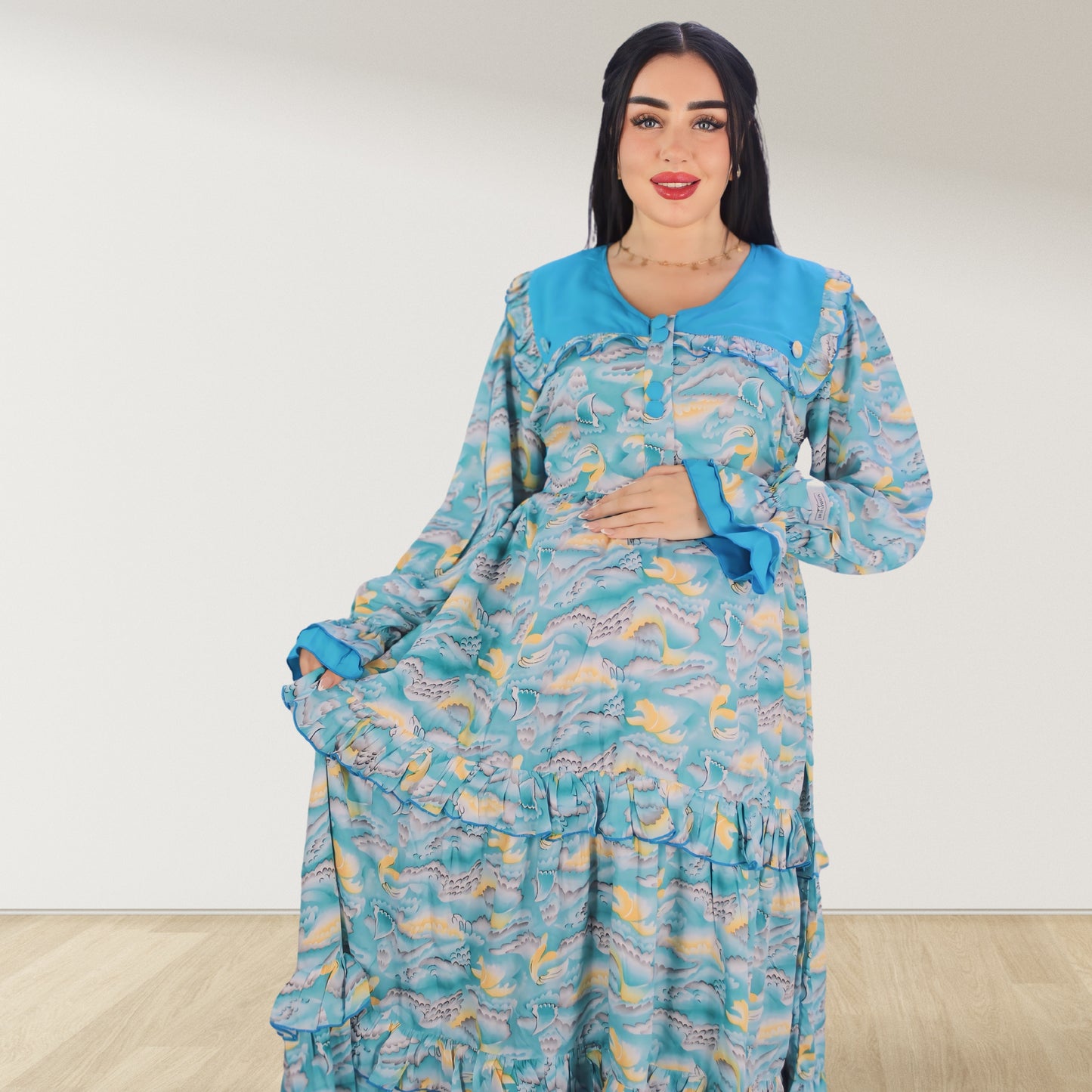 MAITHA VINTAGE CORAL BLUE DOUBLE LAYERED MATERNITY AND NURSING GOWN WITH ZIPPER