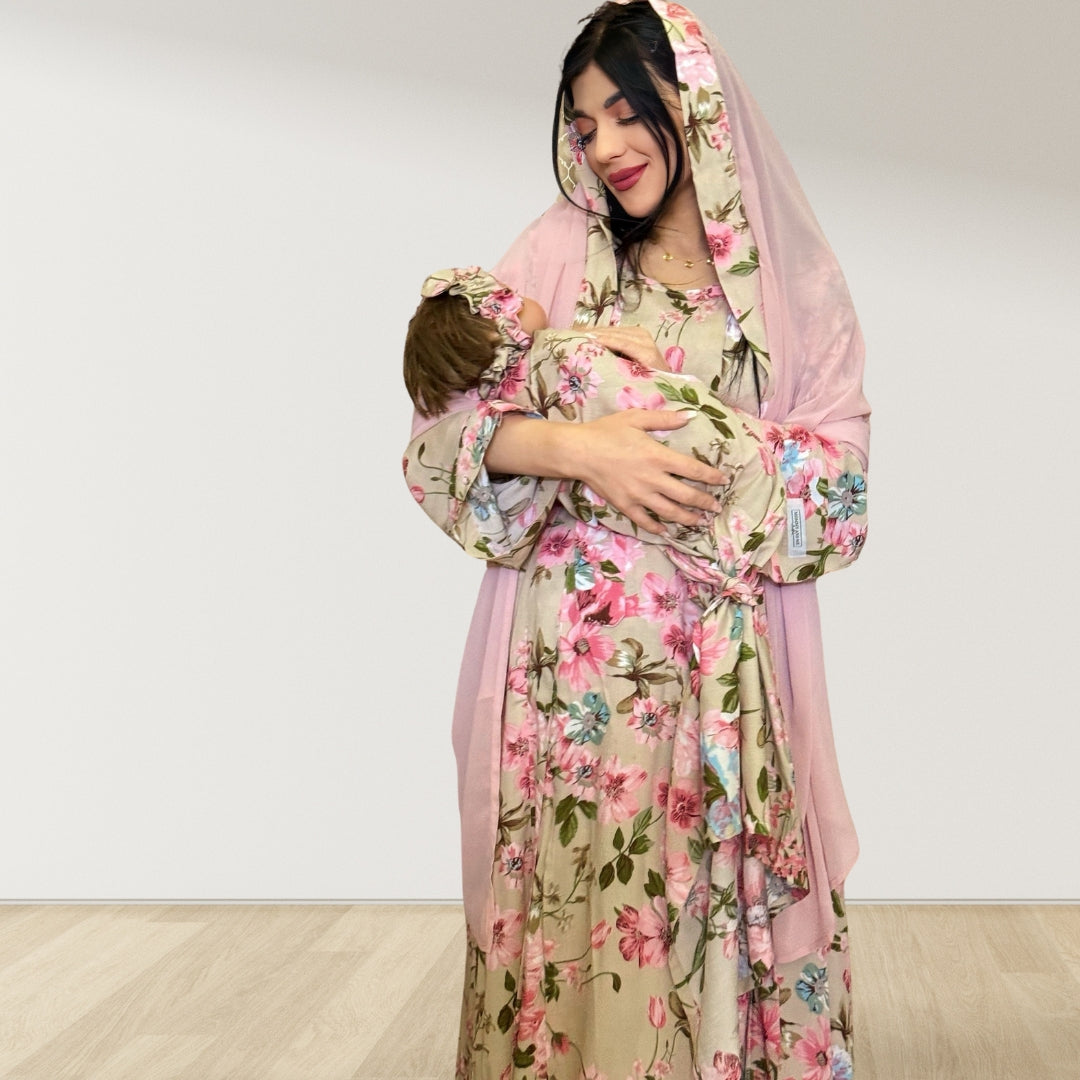 BEIGE BLOSSOM MOMMY AND ME 5 IN 1 LONG MATERNITY SET