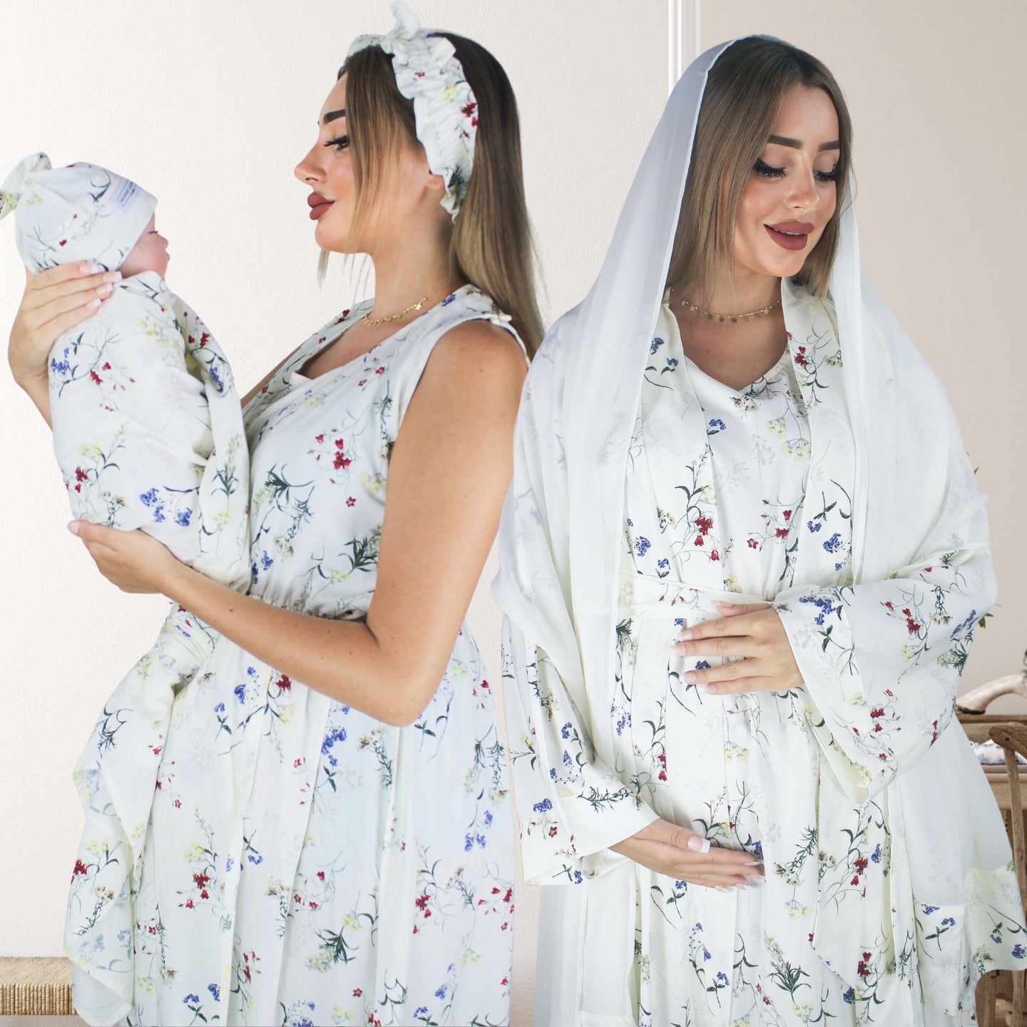 PEARL WHITE BOHO FLORAL  MOMMY AND ME 5 IN 1 LONG MATERNITY SET