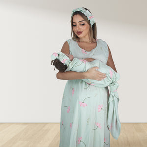 ICE GREEN FLORAL MOMMY AND ME 5 IN 1 LONG MATERNITY SET