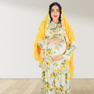 MALIKAT ALWURUD YELLOW LAYERED MATERNITY AND NURSING GOWN