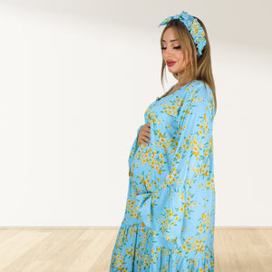 FLORAL BLUE SEASON 2  RUFFLE MATERNITY AND NURSING GOWN