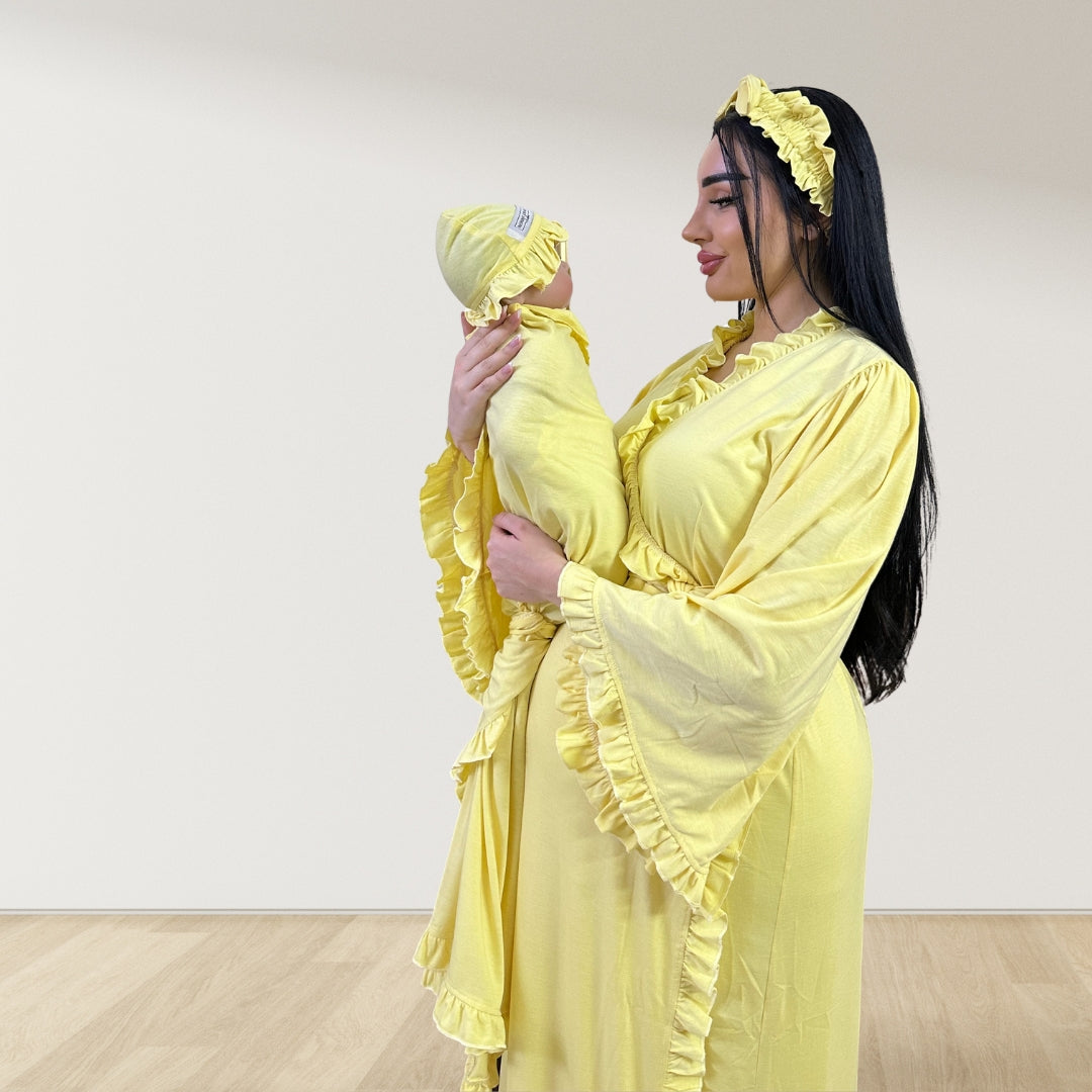 BUTTER YELLOW SIGNATURE RUFFLED ROBE AND LETTUCE SWADDLE SET
