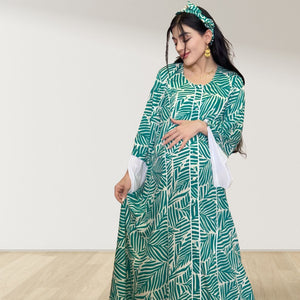 MAHRA GREEN PREMIUM COTTON TRIMMED  MATERNITY AND NURSING DRESS WITH ZIPPER