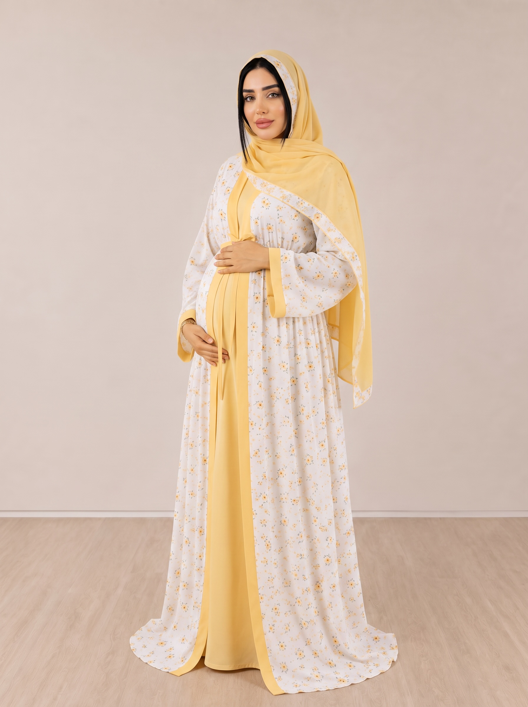 Additional view of Yellow and White Mommy and Me 5 in 1 Long Maternity Set