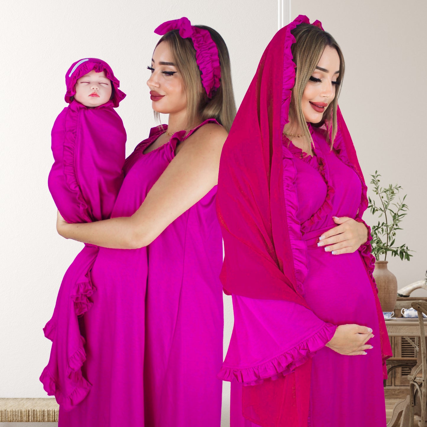MAGENTA PINK SIGNATURE RUFFLED ROBE AND LETTUCE SWADDLE SET