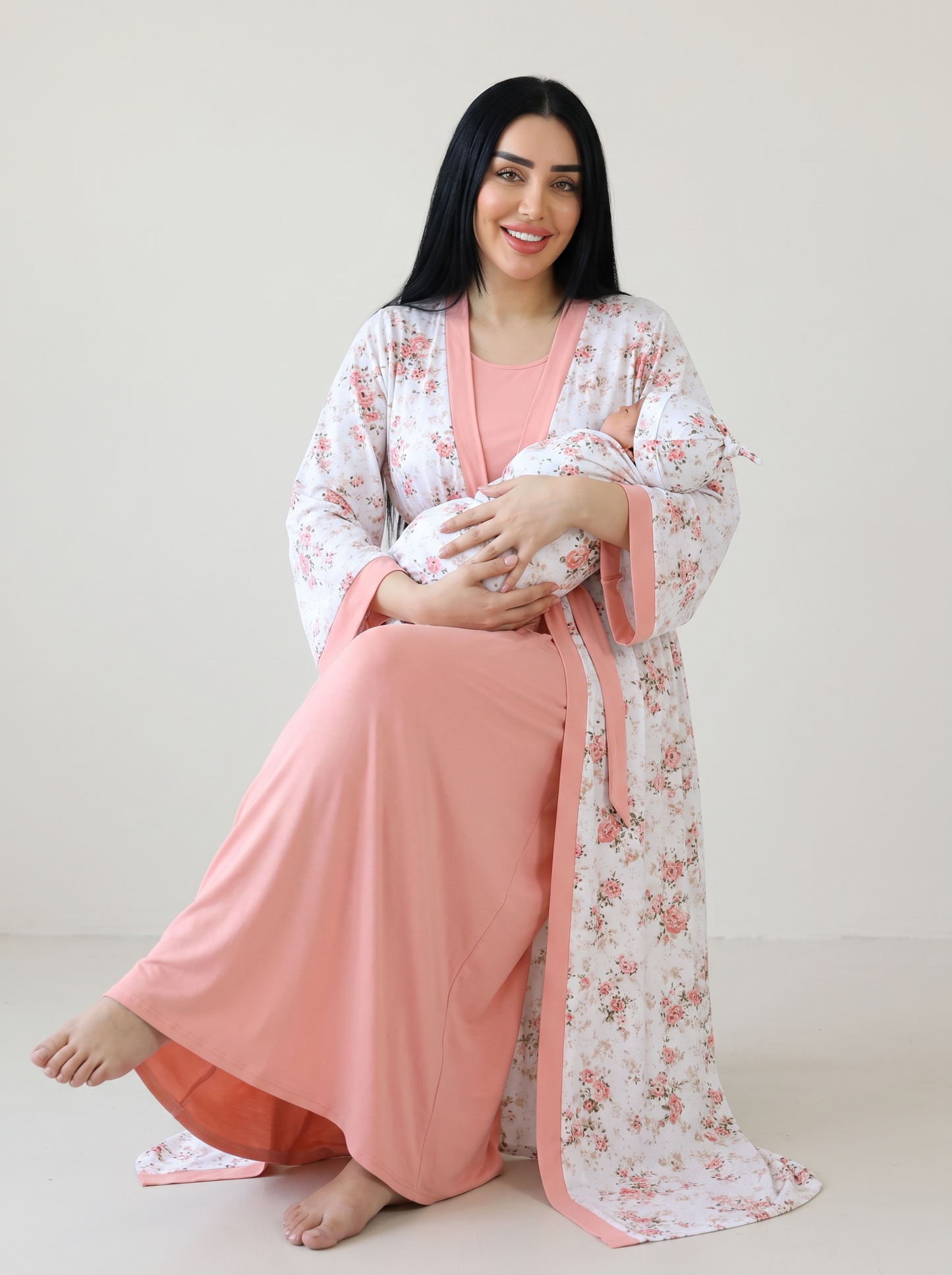 Additional view of Peach and White Mommy and Me 5 in 1 Long Maternity Set