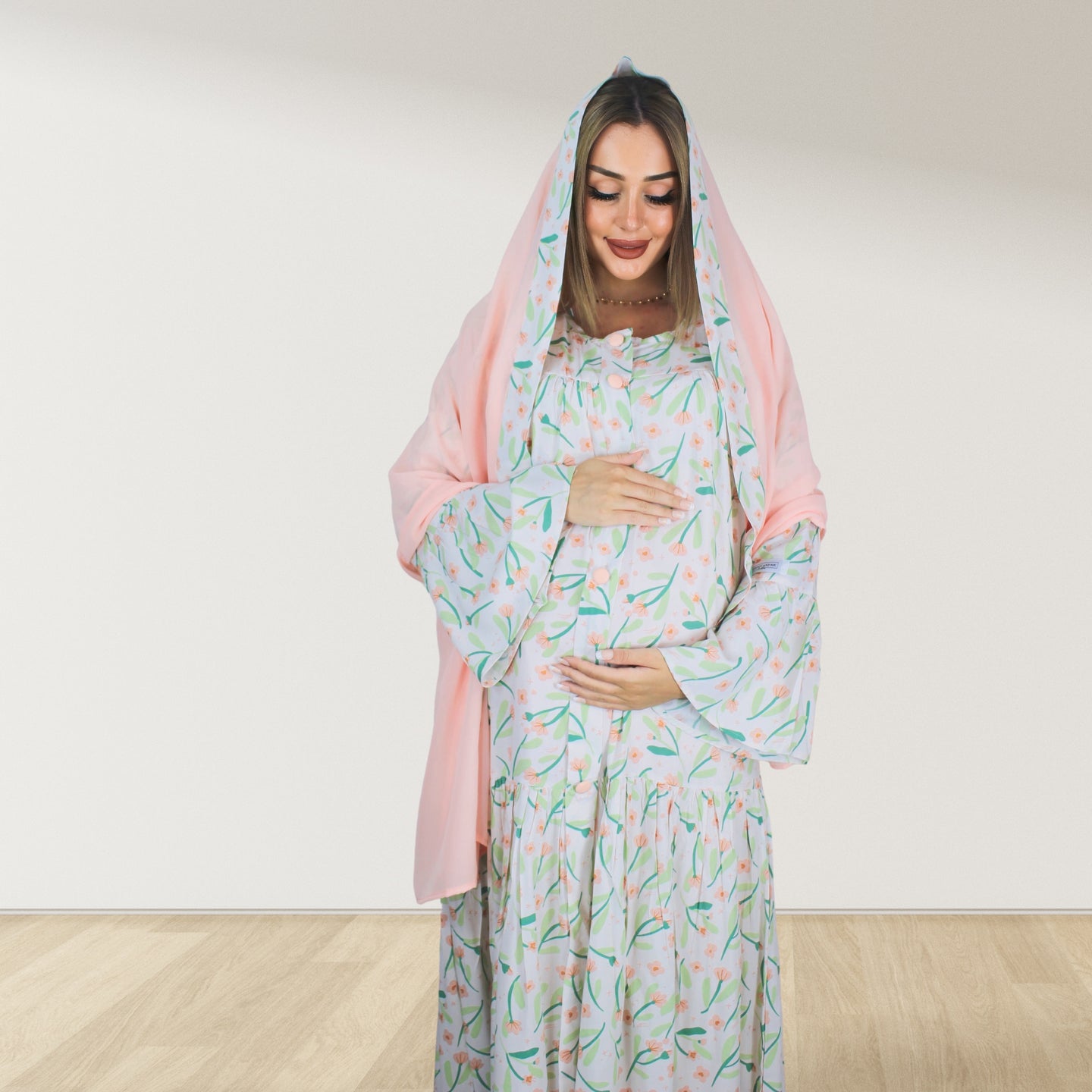 PASTEL PEACH LAYERED  RUFFLE MATERNITY AND NURSING GOWN
