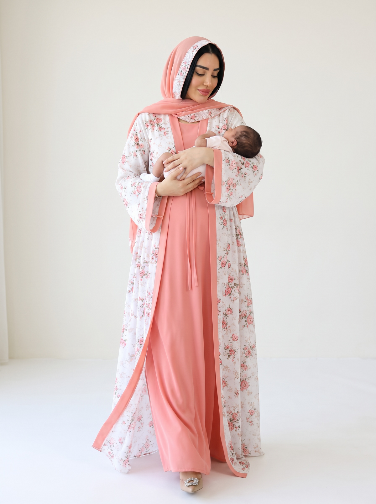 Additional view of Peach and White Mommy and Me 5 in 1 Long Maternity Set