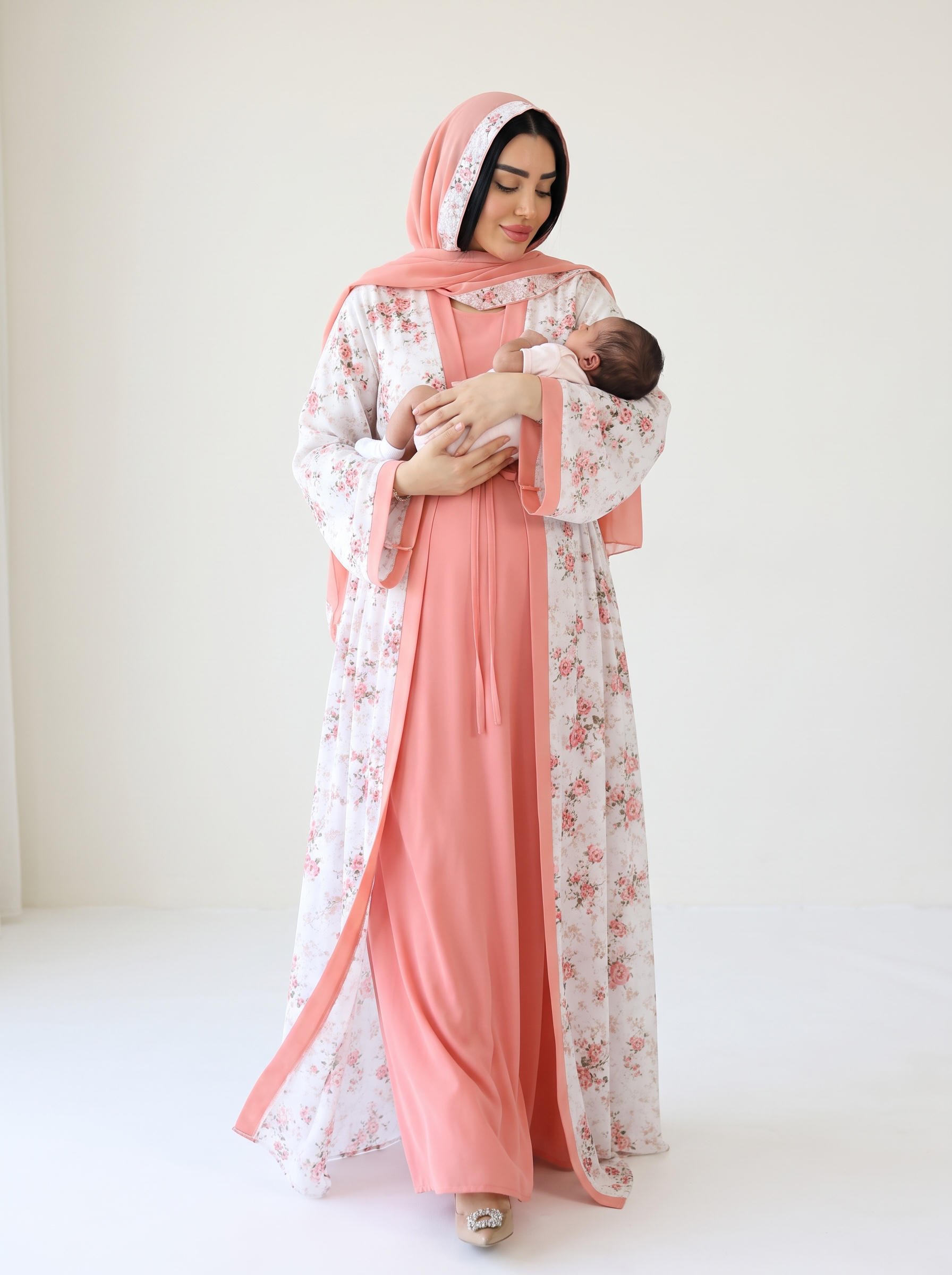 Additional view of Peach and White Mommy and Me 5 in 1 Long Maternity Set