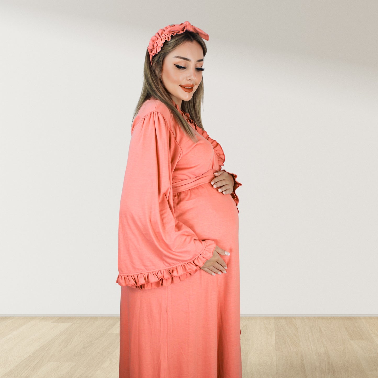 BLUSH PEACH SIGNATURE RUFFLED ROBE AND LETTUCE SWADDLE SET
